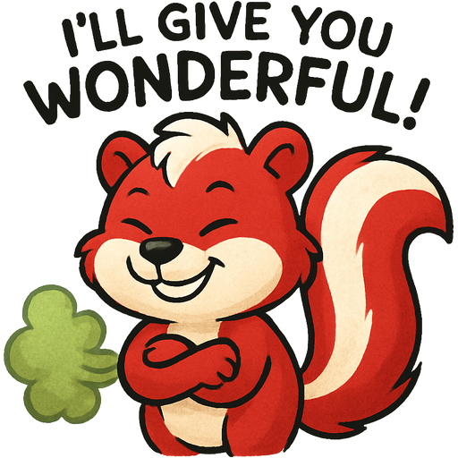 red skunk scrunched eyes closed smile farting green gas saying I'll give you wonderful! artistic creation, beautiful art