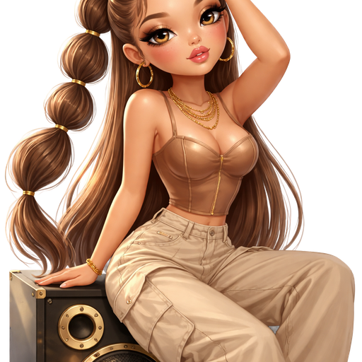 semi-realistic soft cartoon luxury glam, mini plush Bratz-doll aesthetic, cinematic glow, crisp clean detail, glossy glam skin. brown eyed Petite girl, fair skin with soft freckles, wide face with tall forehead, honey-brown almond wide-set upturned eyes, fluttery lashes, shimmer highlight, plush lips, bottom heavy lip, sweet Belle-princess vibe, long straight brunette hair with visible light blonde highlights, softly defined feminine body, soft hourglass shape with full round bust, Tan structured corset top with beige oversized cargo pants. Hair: slick pony with bubble braid. Golden skin with bold eyeliner. sitting on music speaker, hand running through pony. Cozy romantic glow, soft warm lighting, pop-princess energy