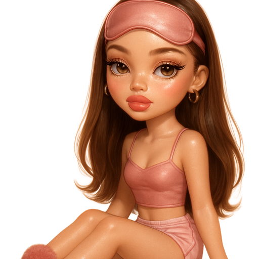 luxury glossy bratz doll romantic aesthetic, cinematic glow, crisp clean detail, glossy glam skin. brown eyed Petite girl, fair skin with soft freckles, long wide face with tall forehead, honey-golden almond wide-set upturned eyes, fluttery lashes, shimmer highlight, plush lips, bottom heavy lip, sweet Belle-princess vibe, long straight brunette hair with visible light blonde highlights, softly defined feminine body, softly defined body shape with full round bust, wearing a pale dusty rose fitted cropped camisole, pale dusty rose & pale white low rise striped boxer shorts, pale dusty rose ugg fur trim slippers, dusty rose silk sleep mask, small gold thick hoop earrings, sleek model hair wavy ends blowout draped over one shoulder, sitting with legs straight out and knees slightly bent. full body showing. Cozy romantic glow, soft warm lighting, pop-princess energy, shimmer highlight, sparkly glow