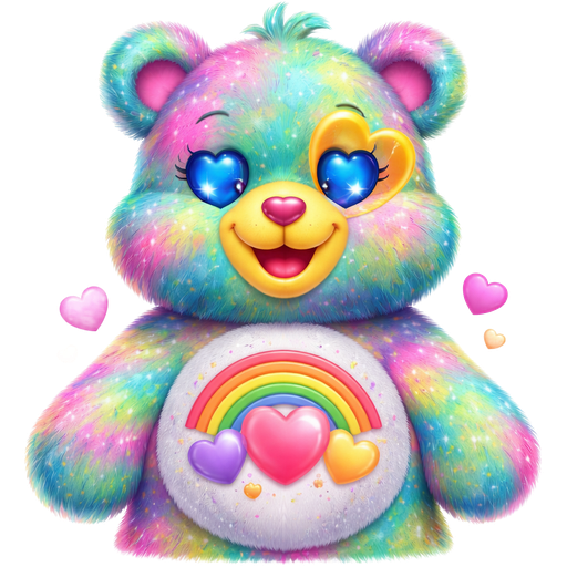 Good Vibes Care Bear with a Turquoise Green, Pink, and Yellow Intense Liquid Motion Spots Effect Highlighted Mixed Pattern Fur with a Pink Heart and Yellow Outlining the Left eye and a Smiling Yellow Bear with Blue Heart eyes and Mouth and Pink on the inside of the ears and a Green, Orange, and Pink 3- Part Rainbow underneath it going upwards with Pink, Purple and Yellow Hearts Surrounding it on the Stomach and a Pink Heart Nose