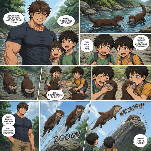 A DETAILED AND LIFELIKE ANIME Comic Book story view of a Bulky but Muscular ANIME Cute Bara Man With Peach toned skin Who looks Normal aind round facial Structure and Basic facial structure With Puffy and Big Pecs that are visible through the shirt and Biceps and Bandaid on his nose and Brown Fluffy and Strait hair. Wearing normal With his pet Grown and long and healthy otter and 2 little brothers that are in Late elementary grades. And they See there twin otter plays and the otters Crawl to the littles brothers. And the otters then are fly at a rock