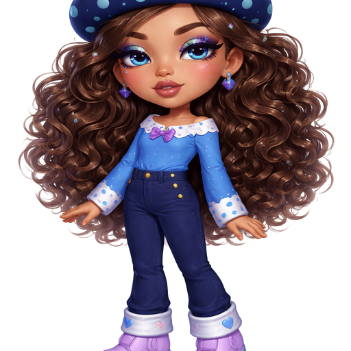 Blueberry Muffin from Strawberry Shortcake with a Neutral Olive Beige Skin Tone adding to it a Heavy Upper Lip furthering the Deepset Eyelashes with a Velvety Matte Mauve Moment Lipstick Style Finish with a HD Glitter Eyeshadow Makeup Look with a Modern Tail-Arched Eyebrow and also Wide Set eyes, Going into a Rectangular Face Shape and a Mature Toned Build and Deep set Earlobes Wearing a Dark Blue Beret with Light Blue Polka Dots all around it and a Light Blue Blueberry Clip at the Very top with Fizzy Curly Brown Hair with a Blue Long Sleeve Shirt with the Top of the Neckline being White with Blue Polka Dots and the bottom of the Sleeve are White with Blue Polka Dots and also the shirt has a thin Purple Bow in the Middle Wearing Dark Blue Pants and 4 Buttons on the Side and Purple Lilac Boots with Vivid and Distinct Features and Visual Texture in an intense polished shine
