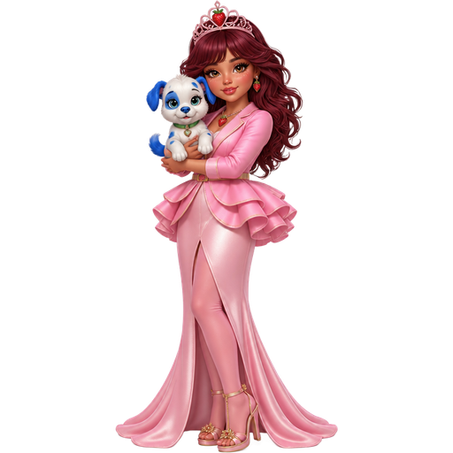 Princess Strawberry Rose with a Fair-Light Neutral Olive Beige Skin Tone and a Prominent Lower Lip Shape with a Shimmery Copper Glow Lipstick and the Noelle Eyelashes with a Burnt Orange Eyeshadow and Gold at the Corner of Her Eyes with a Arched Eyebrow and a Protruding Eye Shape with a Rectangular Face Shape and Maroon Ultra-Voluminous Butterfly Layered Medium-Length Hairstyle Including Bangs Wearing a Light Pink Elegant Solid Crest Shaped Tiara With a Maroon Strawberry Printed on top of it Wearing a Maroon Strawberry Necklace Wearing a Light Pink Formal Evening Long Robe Gown Dress Wearing a Pink Long Sleeve Peplum Blazer Jacket with big Circular Ruffles at the Bottom Of her Jacket and a Light Pink Lining With a Light Pink Collar with a Thin Yellow Belt Across it with Pink Tights Wearing Stiletto High-Heeled Sandals With Golden Flower Rhinestones with Yellow Lining on the Sleeves Holding Her Puppy Named Pupcake With Big Blue Spots and Blue Ears along with a Blue Tail and a Blue Nose with a Green Collar and a Luminous Glazed Complexion with a 3D Naturalistic Animation and a Mature Adult Curvy Toned Build with a Luxury Glossy and a Refined Pristine Set Up with a Theatrical Appearance