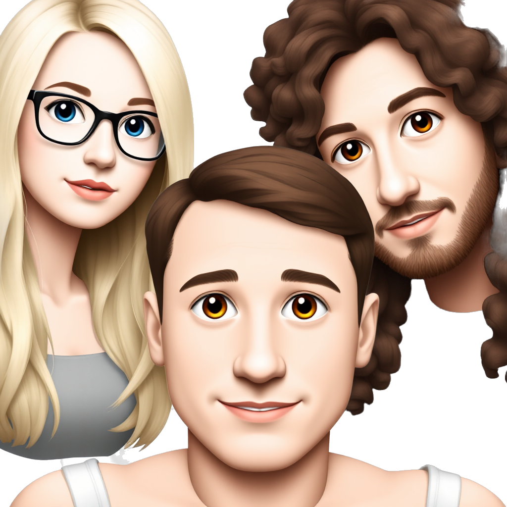 1 white girl with blonde hair with blue eyes and glasses, 1 white girl with long brown curly hair and brown eyes, with 1 young white guy with short dark brown hair and facial hair and blue eyes