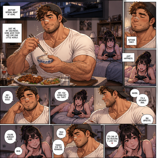 A REALISTIC AND LIFELIKE Comic Book Long Story of a Bulky but Muscular ANIME Cute Bara Man With Peach toned skin Who looks Normal and a huge and Masculine round facial Structure and Basic facial structure With Puffy and Big Pecs that are visible through the shirt and Biceps and Bandaid on his nose and Brown Spiky hair and His Hair Curls At the tip of strands. Wearing a baggy white shirt and Pajamas Pants and has a Hairy MANLY body with A Gorgeouse face and Cute stubble beard baseball hat bacwards. At his house and eating food his girl playing games on his Bed