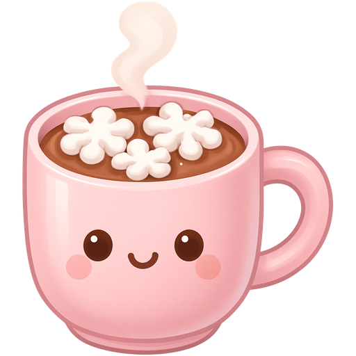 pastel pink mug of hot cocoa, fluffy marshmallows shaped like snowflakes, glossy ceramic shine, soft winter steam, kawaii cozy style