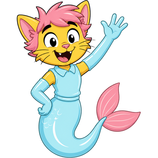 yellow boy cat furry with pink hair and light cyan very long rubber gloves light cyan dress tucked in light cyan mermaid tail with white highlights with pink tail fins (HouseBroken)