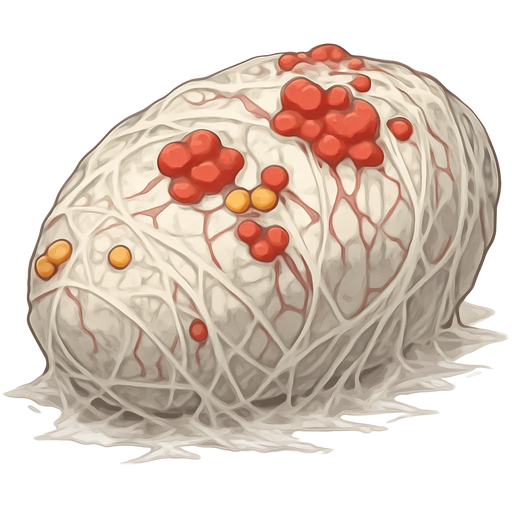 giant webbing slikworm cocoon with red clusters and small yellow clusters and tiny red veins with a think coat of webbing at the bottom on the ground