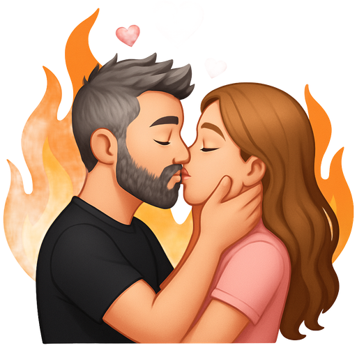 The boy mesomorph body type in black t-shirt kisses a girl in light pink tshirt, his straight hair is styled up messy with pepper salt hair color, he has full beard moustache pepper and salt hair color, girl has light brown very long wavy hair, they hold each other’s cheeks and neck and behind them there are fire and 5 small hearts
