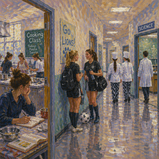 Give me girls in the hallway talking after soccer practice and a and there’s a class i’m sitting here inside of the school in session a cooking class and there’s two girls in chef outfit walking to the cooking class and across from that class is a science class and a boy is walking inside of the science class with a science coat