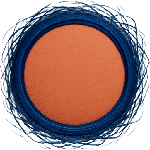A clear dark blue circle. Outside, chaotic dark blue strokes cannot cross the boundary. Inside, the space is a calm terracotta color. Represents strong personal boundaries.