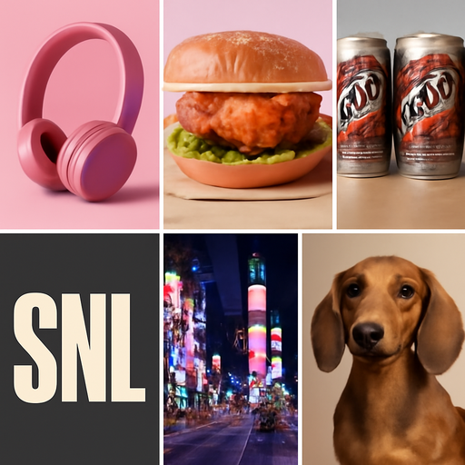 Pink headphones, buffalo chicken sandwiches with only lettuce, cans of root beer, the letters SNL, Times Square, a dauchsuand