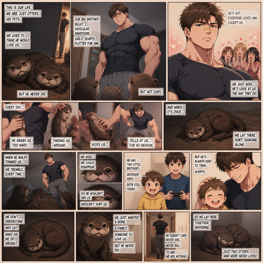 A DETAILED AND LIFELIKE ANIME Comic Book story and shows better and bigger pictures about when it’s about the otters view of a Bulky but Muscular ANIME Cute Bara Big and Buff Big brother and Hunky and Hot and makes girls hearts flutter With Peach toned skin Who looks Normal aind round facial Structure and Basic facial structure With Puffy and Big Pecs that are visible through the shirt and Biceps and Bandaid on his nose and Brown short hair that makes them look, attractive and hot and Strait hair. Wearing normal With his pets Grown and healthy 2 otter and never loved them and 2 little brothers that are in different ages but young. The otters get mistreated a lot from him and they lay there after every time there mistreated. And the otters tremble when he walks to them. And he doesn’t care.