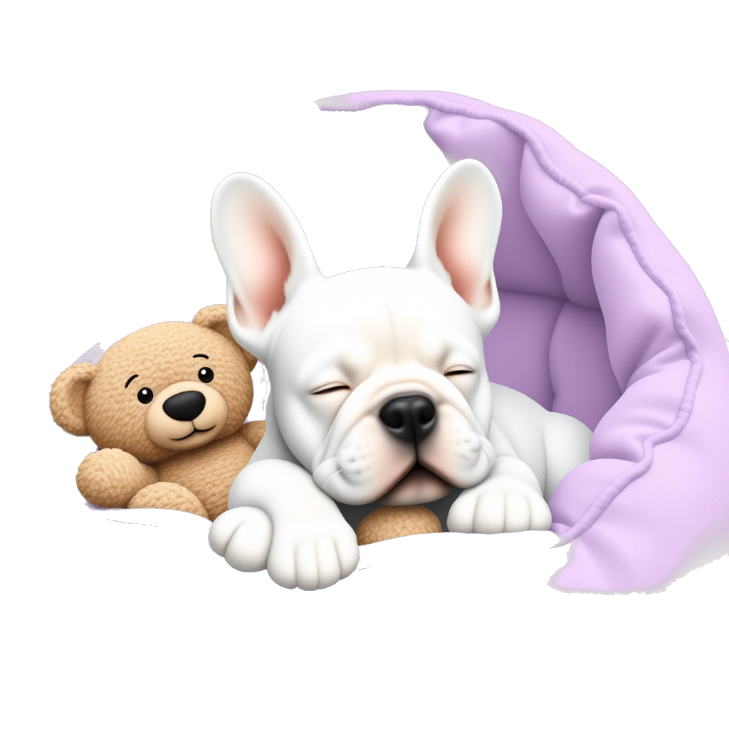 Cute white bulldog puppy with floppy ears sleeping on her pastel purple dog bed with her cute teddybear