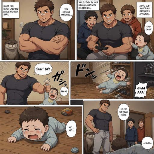 A DETAILED AND LIFELIKE LONG ANIME Comic Book story view of a Bulky but Muscular ANIME Cute Bara Man With Peach toned skin Who looks Normal aind round facial Structure and Basic facial structure With Puffy and Big Pecs that are visible through the shirt and Biceps and Bandaid on his nose and Brown short hair that makes them look tough. Wearing normal With his pet Grown and healthy realistic otter. And the infant baby has 2 friends and he’s tired of the baby brother and never loved his brother, he picks the little baby brother up by the arm and the baby brother fly’s into to the floor and cries but is to weak and the baby brother sits there laying flat on the floor embarrassed of how weak he is compared to his brother.