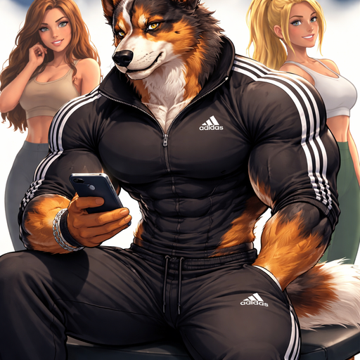 A Full Body and Facial Image of a Hunky and Chunky a Very Hot and Handsome German Shepard mixed with a Australian Shepard bara furry who is a Extremely muscular and Extremely Chiseled Body features Masculine and Handsome and Ginormous Arms and a Rounded Pecs very Short Strait Hair but tall and slightly lean. Wearing an Adidas Quarter Zip with tight Adidas Sweatpants Sitting on a bench looking on his phone with to girls behind him
