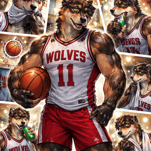 A Full Body and Facial Wallpaper of a Hunky and Chunky a Very Hot and Handsome German Shepard mixed with a Australian Shepard bara furry who is a Basketball College player and Extremely muscular but not to muscular and Extremely Masculine and Handsome and Ginormous Arms and a Rounded Pecs very Short Strait Hair but tall and a little bit lean. Wearing Tight Basketball Jersey blushing looking down at them drenched in sweat