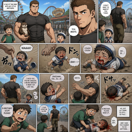 A DETAILED AND LIFELIKE LONG Anime Comic Book story view of a Bulky but Muscular ANIME Cute Bara Man With Peach toned skin Who looks Normal aind round facial Structure and Basic facial structure With Puffy and Big Pecs that are visible through the shirt and Biceps and Bandaid on his nose and Brown short hair that makes them look tough. Wearing normal With his pet Grown and healthy realistic otter and 2 little brothers that are in different ages but young. At the amusmemt park And the baby with his sailor outfit on and already holding his hand he picks the little baby brother up alone but by the arm and the baby brother fly’s into to the floor and then cries and the baby brother sits there coughing red and red dripping down his nose from his skin and shaking. And the baby doesn’t know good English. He leaves the baby and Tells the baby how much he doesn‘t like him and the the Baby stains it‘s own shirt with red his nose and tries to hug him but says it‘s gross and pushes him away and he lose his balance and lays weak and doesn’t move, and Red on his head. And the other brother is so scared and wants to help his brother and the baby rests