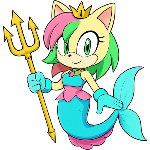 sonic x style version light yellow anthro cat with pink and green and yellow hair blue green eyes golden crown with light purple necklace light cyan braclets cyan and pink dress with purple and pink skirt attached to cyan and light blue mermaid tail with pink fins pink and cyan gloves holding a golden trident sonic x style version