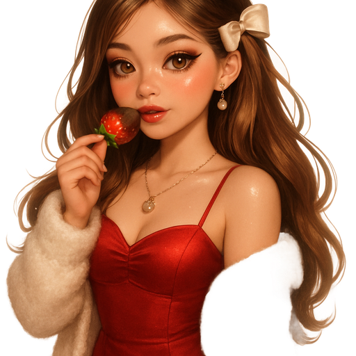 honey brown eyes and light honey highlights in hair, luxury glossy bratz anime-romantic aesthetic, warm cinematic glow, crisp clean detail, glossy glam skin. petite girl, soft-autumn tone, fair skin, honey-brown almond eyes, soft freckles, round moderate bust, chubby upper arms, sweet Belle-princess vibe, long brunette honey balayage hair with visible light blonde highlights, cherry satin sweetheart mini dress, white fluffy cardigan draped over shoulders, red kitten-heel mary janes; brushed-out soft straight hair with bow behind one ear; retro liner, strawberry cream blush, velvety cherry stain; pearl drops + vintage heart locket; biting chocolate-covered strawberry , pop-princess energy, shimmer highlight, sparkly glow