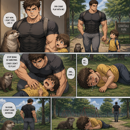 A DETAILED AND LIFELIKE ANIME Comic Book story view of a Bulky but Muscular ANIME Cute Bara Man With Peach toned skin Who looks Normal aind round facial Structure and Basic facial structure With Puffy and Big Pecs that are visible through the shirt and Biceps and Bandaid on his nose and Brown short hair. With A realistic otter and baby brother. And He doesn’t like his baby brother And he goes and take his baby brother to the park. And his hand pushes down On the baby brother‘s chest and Cries laying on side. And the he walks away from the baby.
