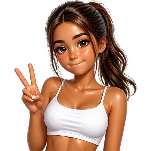 girl wearing white crop top glossy tanned skin with brown hair in a ponytail with her lips tucked and showing peace sign