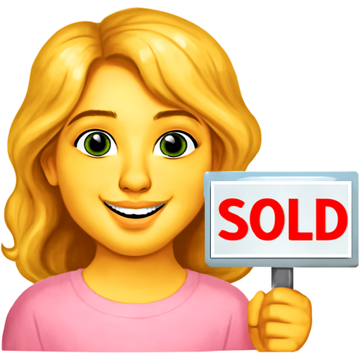 Real estate blonde girlie smiley face emoji green eyes shoulder length wavy hair pastel pink top with a sold sign