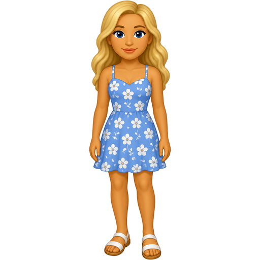 Make a 30 ish old woman who has long blonde wavy hair and she has dark blue eyes and she has peachy lips and she is wearing a blue summer dress with white flowers on it and she has white and light brown sandals and she has a closed mouth smile and she has tan skin