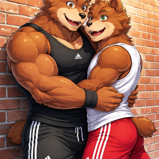 A Full BODY and FACE of a Buff and a Bara Furry Grizzly Bear with brown eyes with a wrestler type body. Wearing an Adidas Sweat Short and Shorts. Talking to his Boyfriend And Hugging him around the waist. On a Wall