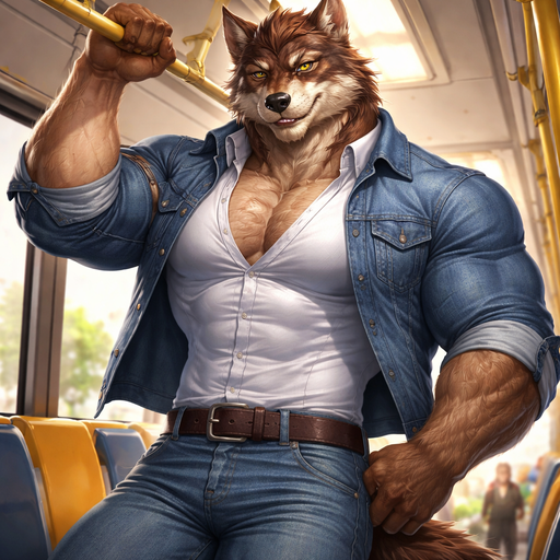 A Full Body Image of a Hunky and Chunky a Brown Wolf who is a Bodybuilder who is a very Masculine and Handsome with Ginormous Arms and a Rounded and Wide Chest Short Strait Hair. Wearing a Tight button up White Shirt and Jean Jacket over that with Jeans. Hanging on a Bus Railing
