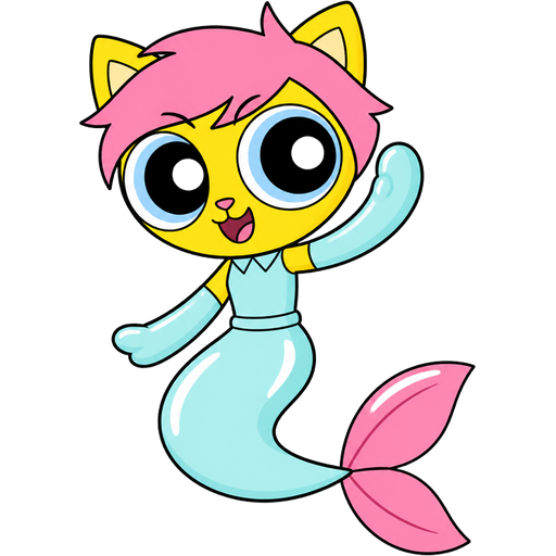 yellow boy cat furry with pink hair and light cyan very long rubber gloves light cyan dress tucked in light cyan mermaid tail with white highlights with pink tail fins (powerpuff girls version)