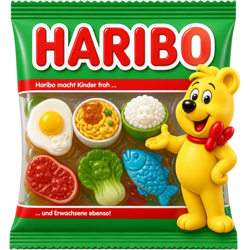 Haribo ซองสีเขียว หน้าซองมีหมีHaribo ด้านในซองมีเยลลี่หมีรูปไข่ดาว เยลลี่หมีรูปก๋วยเตี๋ยว เยลลี่หมีรูปข้าวสวย เยลลี่หมีรูปเนื้อวัว เยลลี่หมีรูปผักกาด และเยลลี่หมีรูปปลา