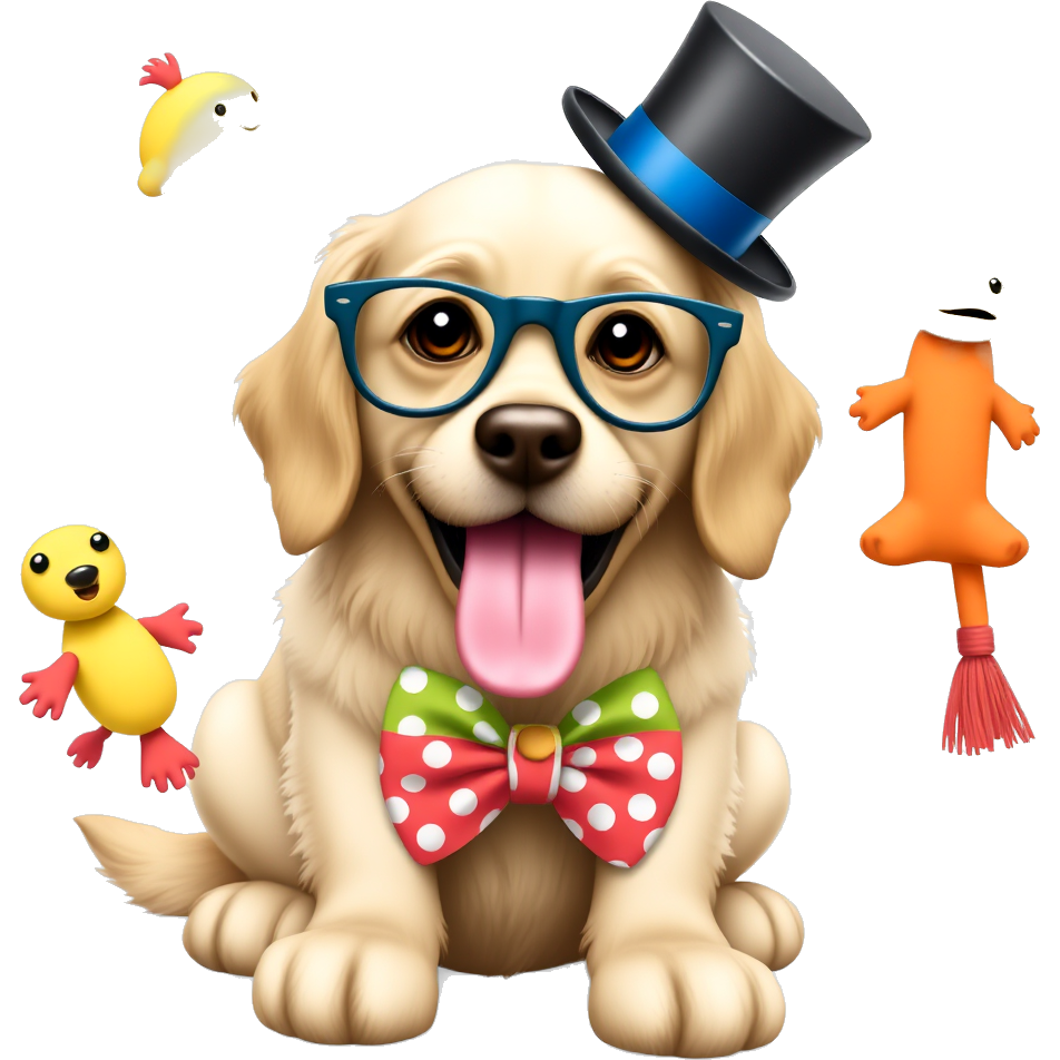 A whimsical golden retriever sporting oversized clown shoes and a colorful polka-dotted bow tie, its tongue comically lolling out. It balances a tiny top hat on its head while juggling bright, oversized squeaky toys, sporting goofy glasses that magnify its silly expression to delightful absurdity!