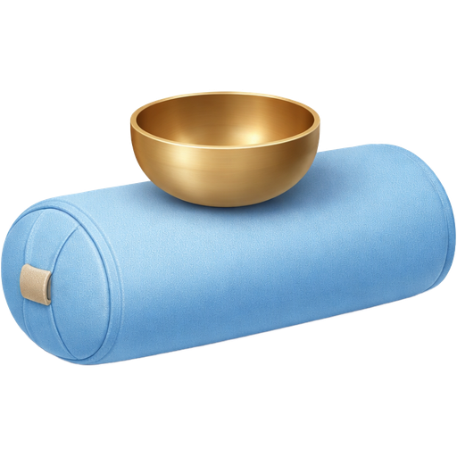 Blue Yoga bolster with Singing Bowl on top without mallet and without engravings and without flowers