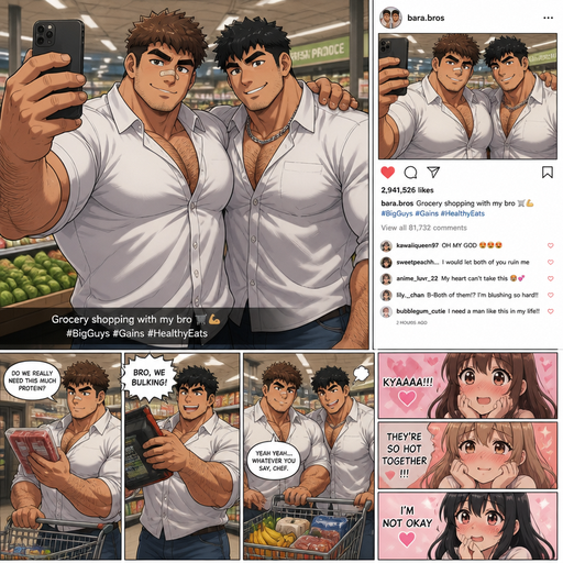 A REALISTIC AND LIFELIKE Comic Book long Story of a Bulky but Muscular ANIME Cute Bara Man With Peach toned skin Who looks Normal and a huge and Masculine round facial Structure and Basic facial structure With Puffy and Big Pecs that are visible through the shirt and Biceps and Bandaid on his nose and Brown Spiky hair and His Hair Curls At the tip of strands. Wearing a white button up shirt tight on the arms and Chest but baggy on the abs so you can’t see them AND Jeans and has a Hairy body. And has huge Hands and Massive arms and looks HOT with his friend (that looks like him but Black instead of brown hair and Has A Chain on and is also Peachy skin). at the grocery store taking a picture and posting it and Get millions hearts with girls