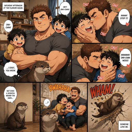 A DETAILED AND LIFELIKE ANIME Comic Book story view of a Bulky but Muscular ANIME Cute Bara Man With Peach toned skin Who looks Normal aind round facial Structure and Basic facial structure With Puffy and Big Pecs that are visible through the shirt and Biceps and Bandaid on his nose and Brown short hair that makes them look tough. Wearing normal With his pet Grown and healthy realistic otter and 2 little brothers that are in different ages but young. And he annoys the little brother’s and he kisses them all over their faces, and they laugh with joy. But the otter is left out and no one cares for him and flys to the wall
