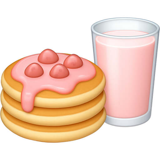 Make strawberry milk pancakes with a glass of strawberry milk, right next to them with strawberry milk syrup on top and strawberry milk chocolate chip on top