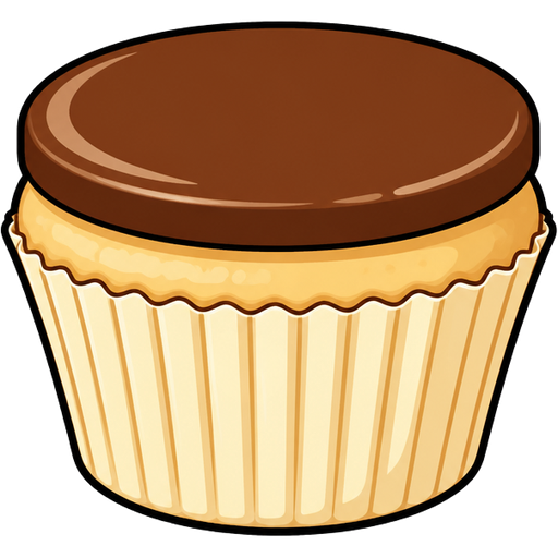 ghibli style | vanilla cupcake with a thin layer of flat-top chocolate frosting | ghibli style | vector-cartoon | glossy cel-shading | bold smooth black outlines