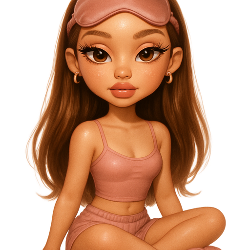 luxury glossy bratz doll romantic aesthetic, cinematic glow, crisp clean detail, glossy glam skin. brown eyed Petite girl, fair skin with soft freckles, long wide face with tall forehead, honey-golden almond wide-set upturned eyes, fluttery lashes, shimmer highlight, plush lips, bottom heavy lip, sweet Belle-princess vibe, long straight brunette hair with visible light blonde highlights, softly defined feminine body, softly defined body shape with full round bust, wearing a pale dusty rose fitted cropped camisole, pale dusty rose low rise striped boxer shorts, pale dusty rose ugg fur trim slippers, dusty rose silk sleep mask, small gold thick hoop earrings, sleek model hair wavy ends blowout, sitting. full body showing. Cozy romantic glow, soft warm lighting, pop-princess energy, shimmer highlight, sparkly glow