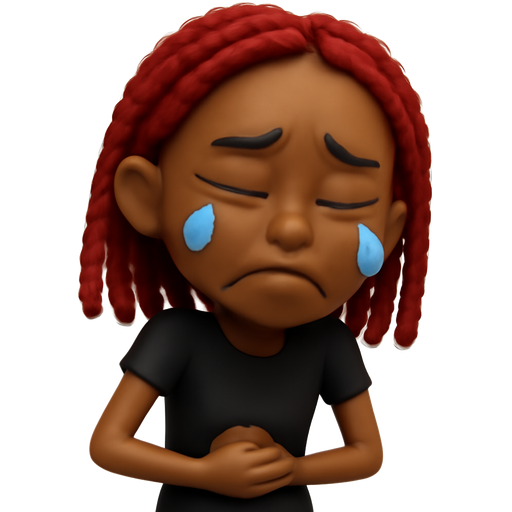 Skinny Brownskin girl with a black shirt and red dreads in pain from period cramps cryings with mouth closed