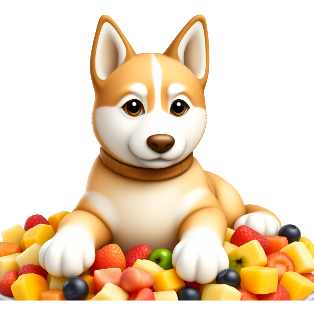 A delectable tan and white husky composed of buttery croissants for the fur, creamy whipped cream highlights, and chocolate chip eyes. Its collar is made from crunchy pretzels, and its paws are fluffy meringue cookies resting atop a bed of colorful fruit salad as the backdrop.