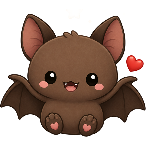 A brown bat smiling, with words “nite nite 🖤” above! stars above the bat. and a little red heart. mochi cat style