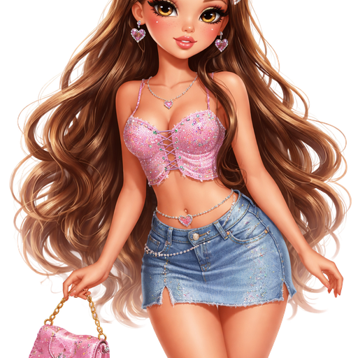 sleek cartoon luxury glam, mini plush Bratz-doll aesthetic, cinematic glow, crisp clean detail, glossy glam skin. brown eyed skinny Petite girl, fair skin with soft freckles, wide face with tall forehead, honey-brown almond wide-set upturned eyes, fluttery lashes, shimmer highlight, plush lips, bottom heavy lip, sweet Belle-princess vibe, medium-long brunette hair with visible caramel highlights. softly defined feminine body, soft hourglass shape with full round bust, dressed in detailed y2k outfit. hair styled y2k. sleek almond nails. y2k makeup. peachy-pink blush with shimmer highlight, glossy lips. y2k pose, full body showing. Cozy romantic glow, soft warm lighting, pop-princess energy