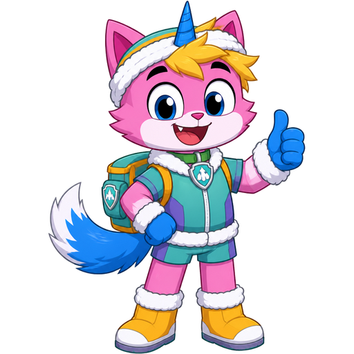 happy male pink cat anthro furry boy with yellow hair blue and white tail white wrists blue hands white socks yellow boots green collar blue unicorn horn based on unikitty wearing everest's hat and everest's clothing with everest's backpack