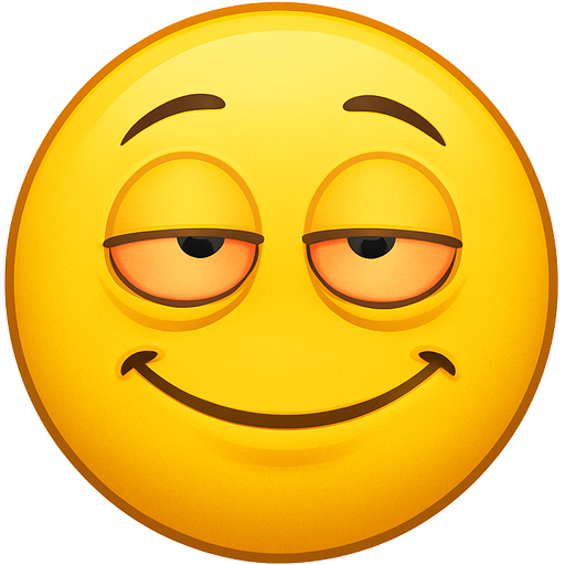 Classic yellow face emoji, except it looks super high (showing only a little bit of whites of the eyes like the shape of a thin waning thin crescent moon, happy eyes that are barely red but not blood shot and slight grin, almost looks like he is melting in happy, then add a couple green small leaves being blown in the wind next to him), make it not creepy tho I want it to be appealing and funny