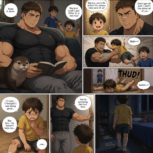 A DETAILED AND LIFELIKE ANIME Comic Book story view of a Bulky but Muscular ANIME Cute Bara Man With Peach toned skin Who looks Normal aind round facial Structure and Basic facial structure With Puffy and Big Pecs that are visible through the shirt and Biceps and Bandaid on his nose and Brown short hair that makes them look tough. Wearing normal With his pet Grown and healthy realistic otter and 2 little brothers that are in different ages but young. And he doesn‘t like them and big brother picks the little brother up and The little brother fly’s to the floor and limps away the little brother believes that he‘s A good person but when he tells him that he is pushed into his room and limps to his bed