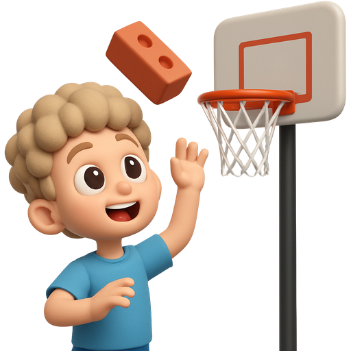 pale young boy with curly mop hair on a mop stick throwing a brick into a basketball hoop towering over everyone