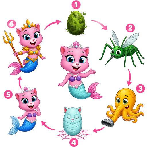 life cycle of light cyan mermaid tail with pink fins pink cat princess 1st mossy egg 2nd stage green spider mosquito hybrid 3rd stage yellow octopus vacuum hose hybrid 4th stage light cyan cocoon shaped cat with pink webbing on the ground 5th stage pink cat with blue mermaid tail with white details 6th pink cat with golden armor blue mermaid tail with pink fins holding trident 6th stage light cyan mermaid tail with pink fins pink cat princess talking tom & friends style