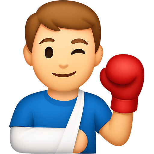 Short light brown haired guy with right arm in a sling and a boxing glove on the left hand and winking
