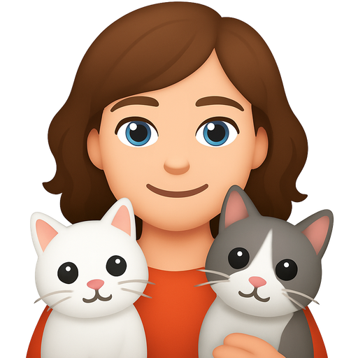 Draw a girl with short wavy brown hair, fair skin and blue eyes, who is holding two cats: white and white-gray